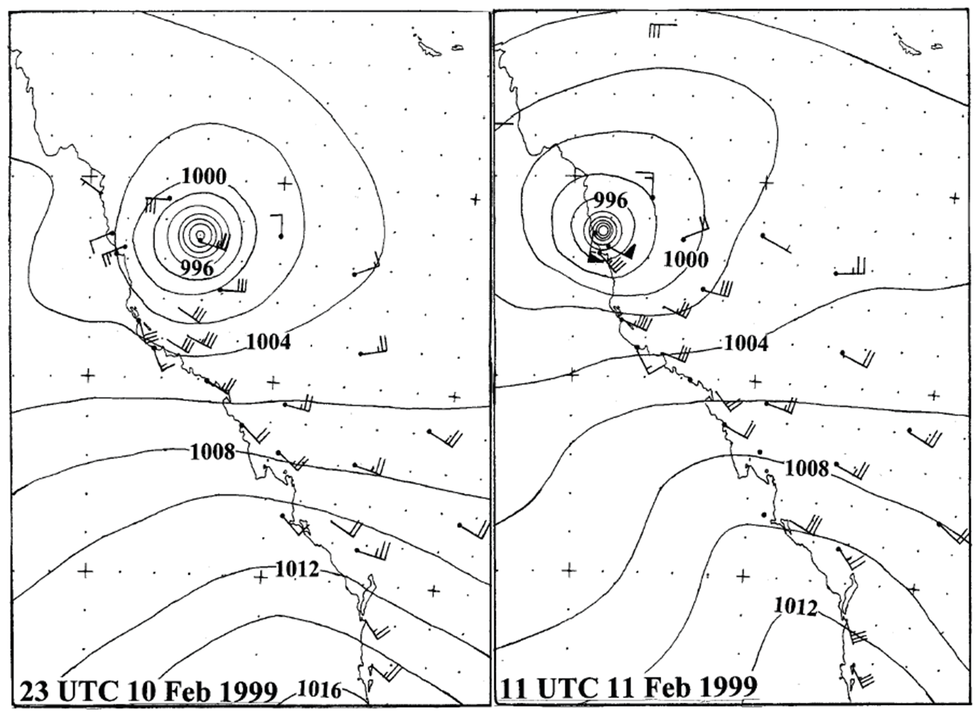 Regional mean sea level pressure analyses with wind observations from 10 February 1999